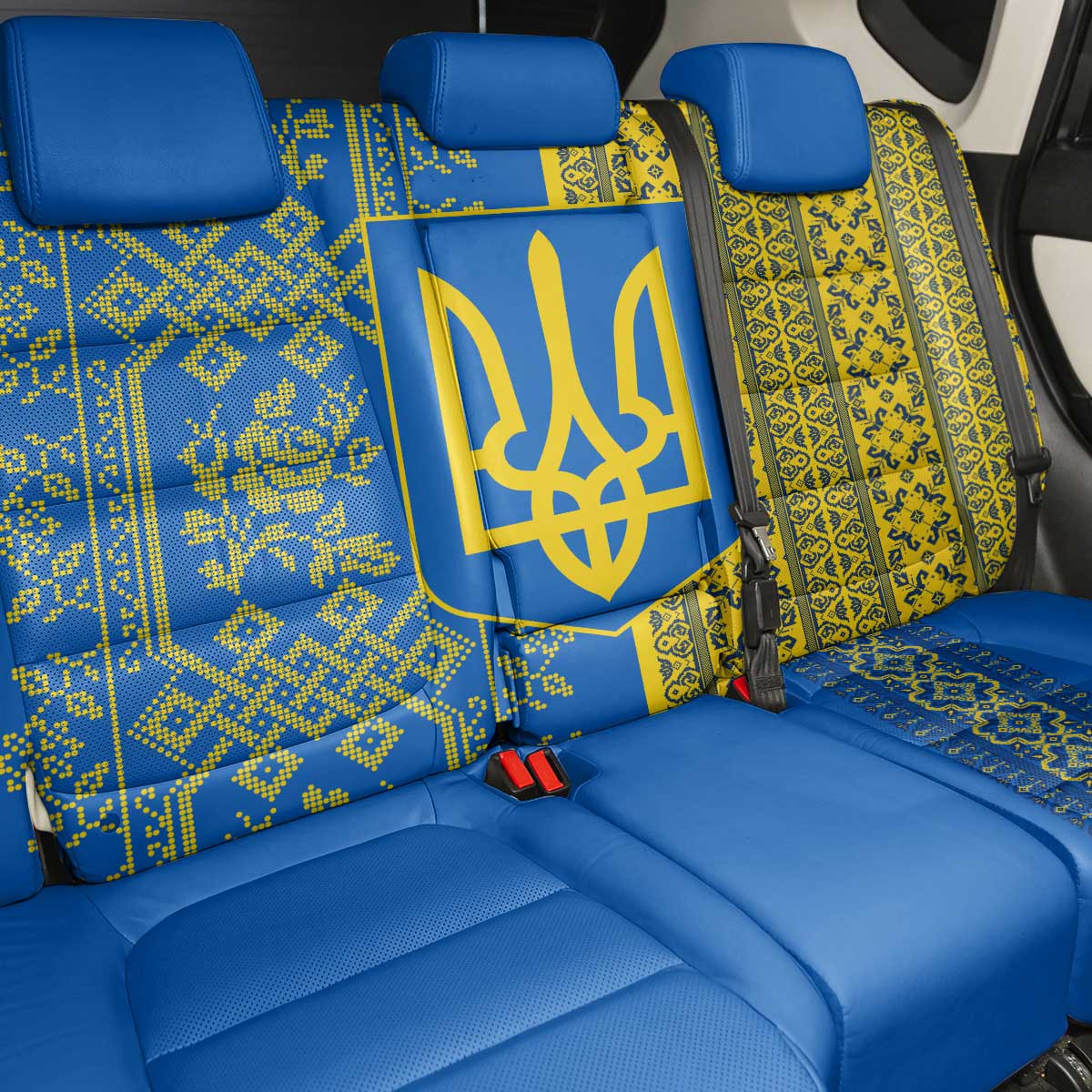 Ukrainian Flag Colors Back Car Seat Cover with Trident Crest and Traditional Folk Pattern