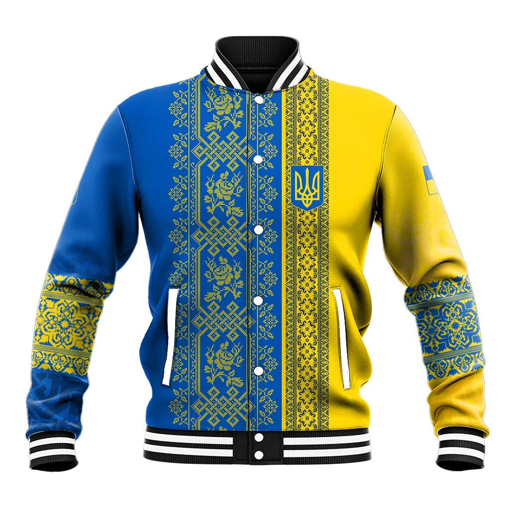 Ukrainian Flag Colors Baseball Jacket with Trident Crest and Traditional Folk Pattern