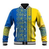 Ukrainian Flag Colors Baseball Jacket with Trident Crest and Traditional Folk Pattern