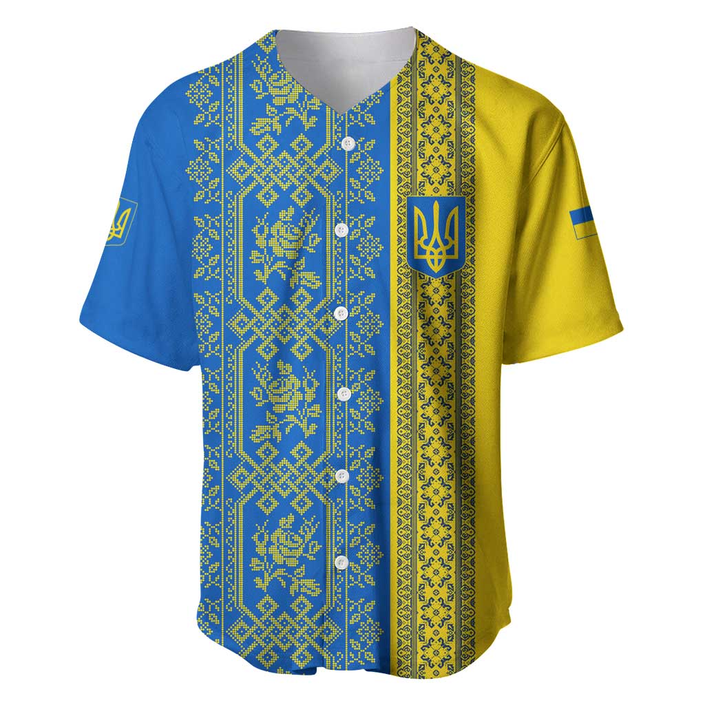 Ukrainian Flag Colors Baseball Jersey with Trident Crest and Traditional Folk Pattern