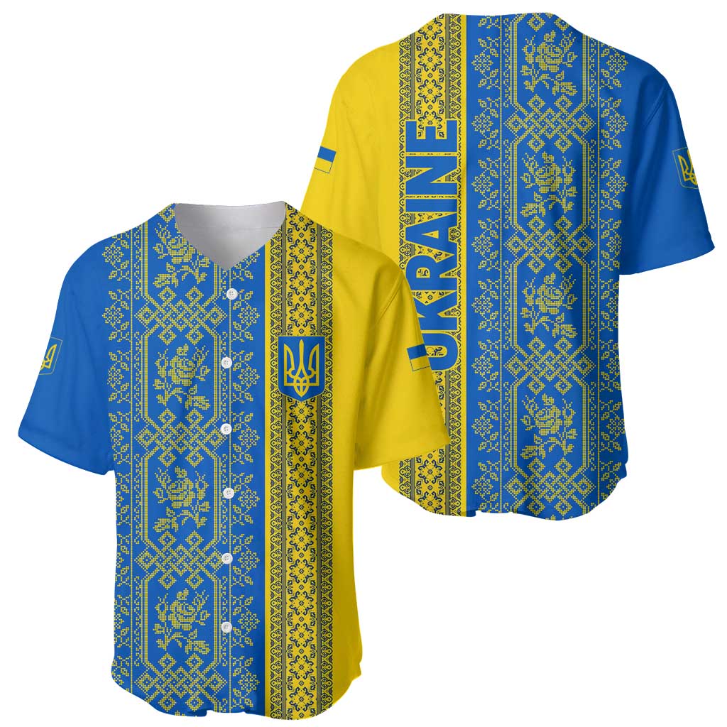 Ukrainian Flag Colors Baseball Jersey with Trident Crest and Traditional Folk Pattern