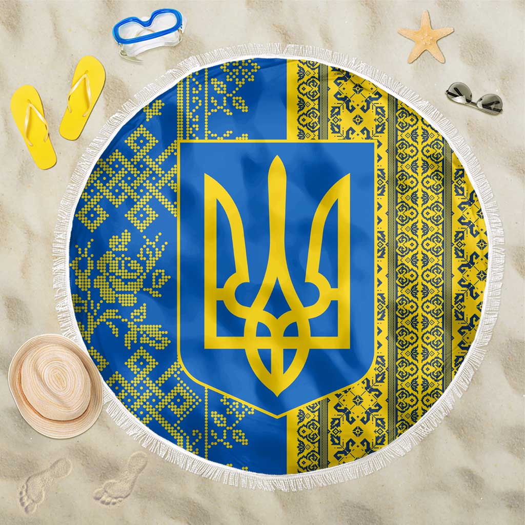 Ukrainian Flag Colors Beach Blanket with Trident Crest and Traditional Folk Pattern
