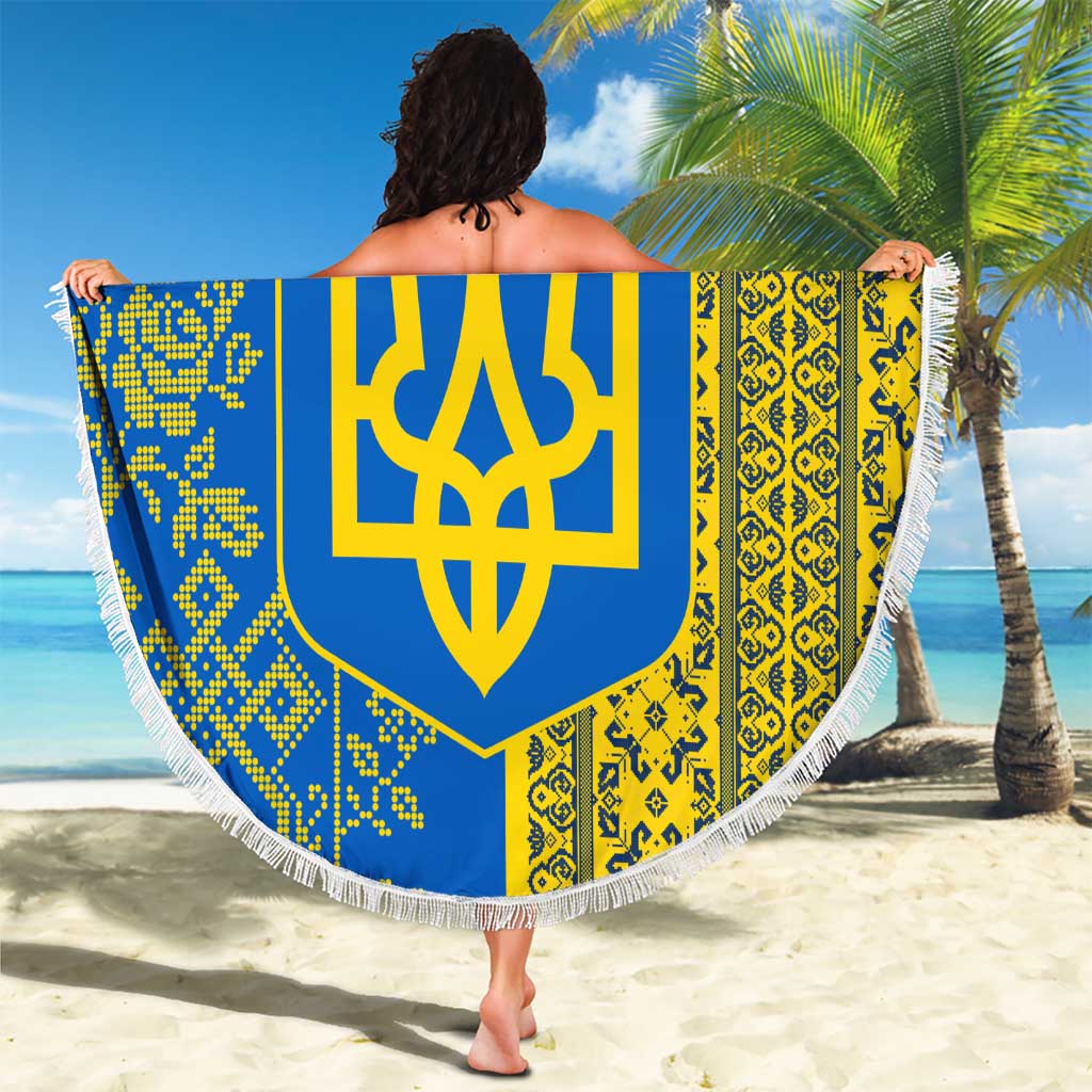 Ukrainian Flag Colors Beach Blanket with Trident Crest and Traditional Folk Pattern
