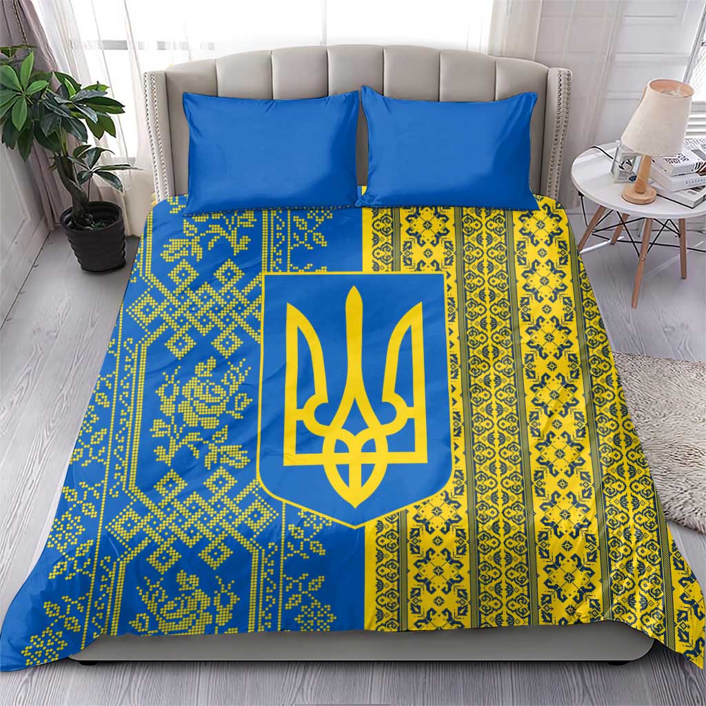Ukrainian Flag Colors Bedding Set with Trident Crest and Traditional Folk Pattern