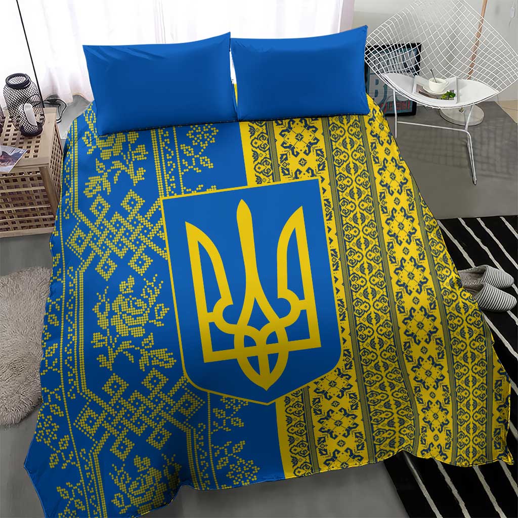 Ukrainian Flag Colors Bedding Set with Trident Crest and Traditional Folk Pattern