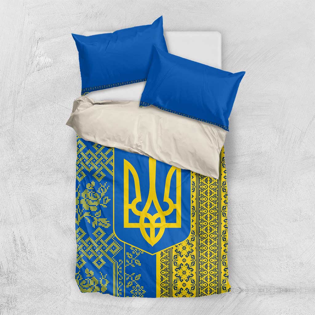 Ukrainian Flag Colors Bedding Set with Trident Crest and Traditional Folk Pattern