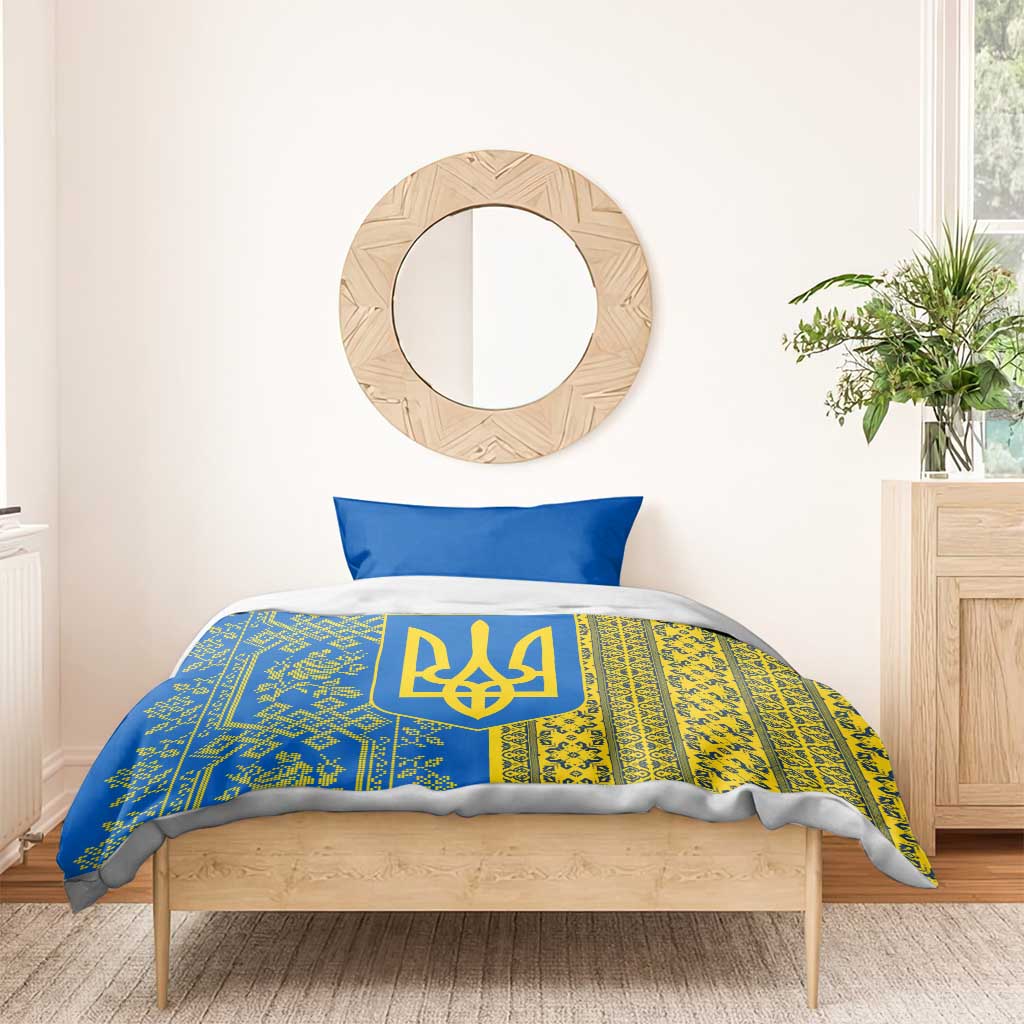 Ukrainian Flag Colors Bedding Set with Trident Crest and Traditional Folk Pattern