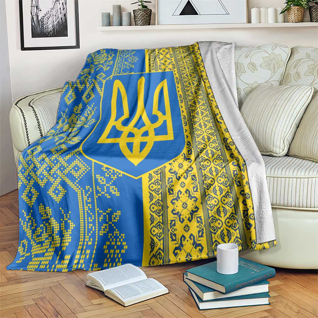 Ukrainian Flag Colors Blanket with Trident Crest and Traditional Folk Pattern