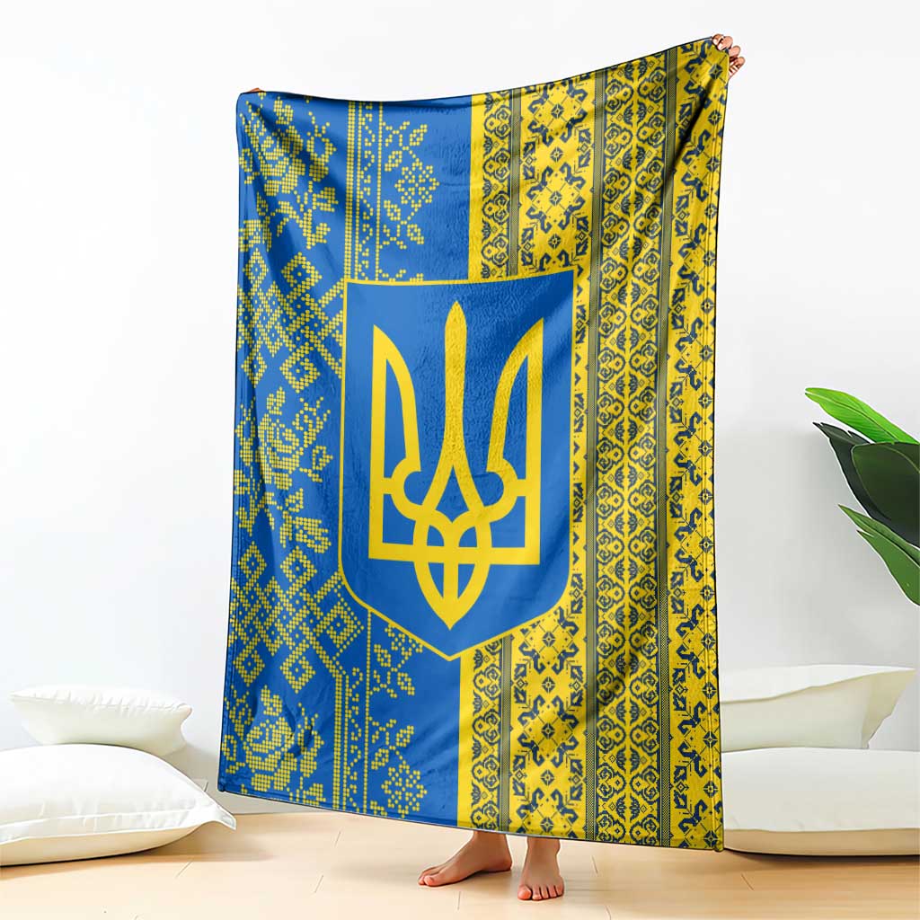 Ukrainian Flag Colors Blanket with Trident Crest and Traditional Folk Pattern