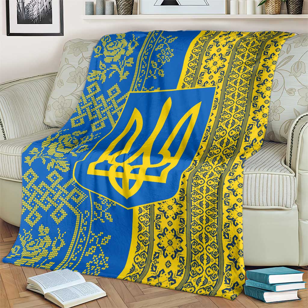 Ukrainian Flag Colors Blanket with Trident Crest and Traditional Folk Pattern