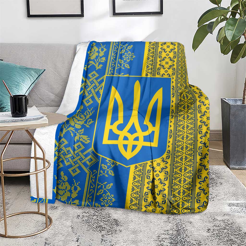 Ukrainian Flag Colors Blanket with Trident Crest and Traditional Folk Pattern