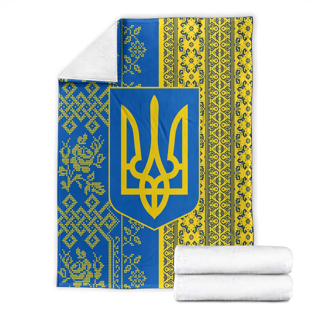 Ukrainian Flag Colors Blanket with Trident Crest and Traditional Folk Pattern