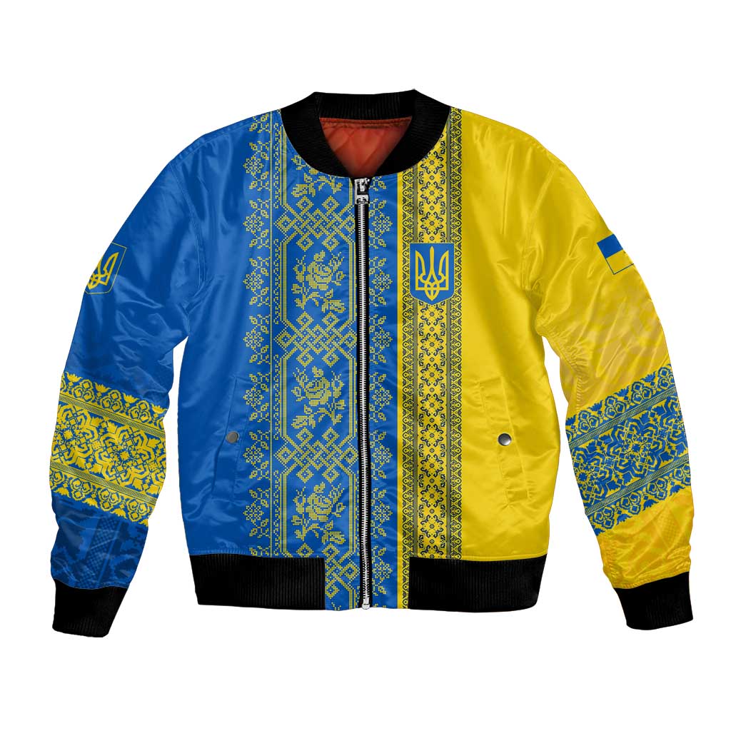 Ukrainian Flag Colors Bomber Jacket with Trident Crest and Traditional Folk Pattern