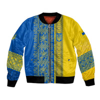 Ukrainian Flag Colors Bomber Jacket with Trident Crest and Traditional Folk Pattern
