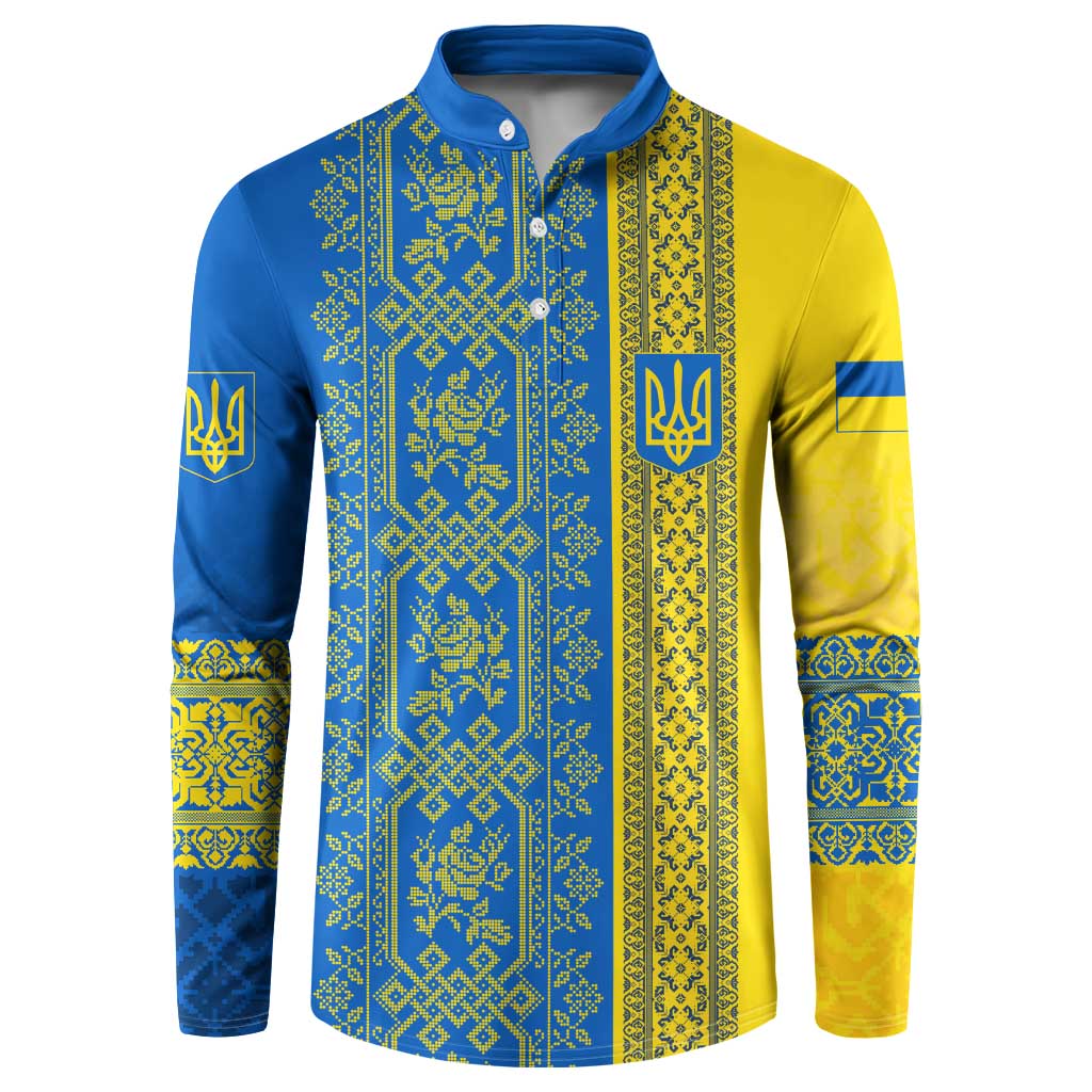 Ukrainian Flag Colors Button Sweatshirt with Trident Crest and Traditional Folk Pattern