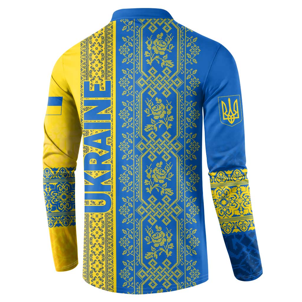 Ukrainian Flag Colors Button Sweatshirt with Trident Crest and Traditional Folk Pattern