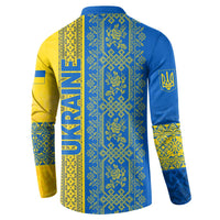 Ukrainian Flag Colors Button Sweatshirt with Trident Crest and Traditional Folk Pattern