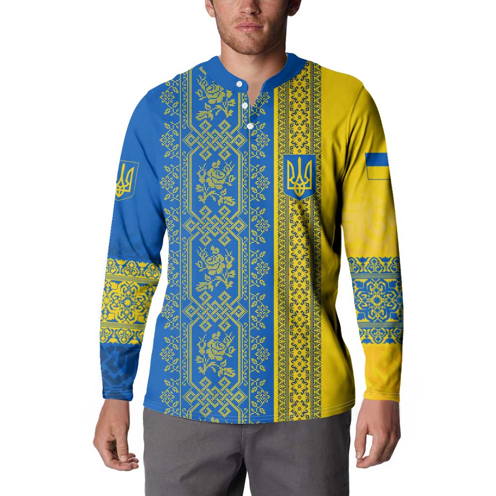Ukrainian Flag Colors Button Sweatshirt with Trident Crest and Traditional Folk Pattern