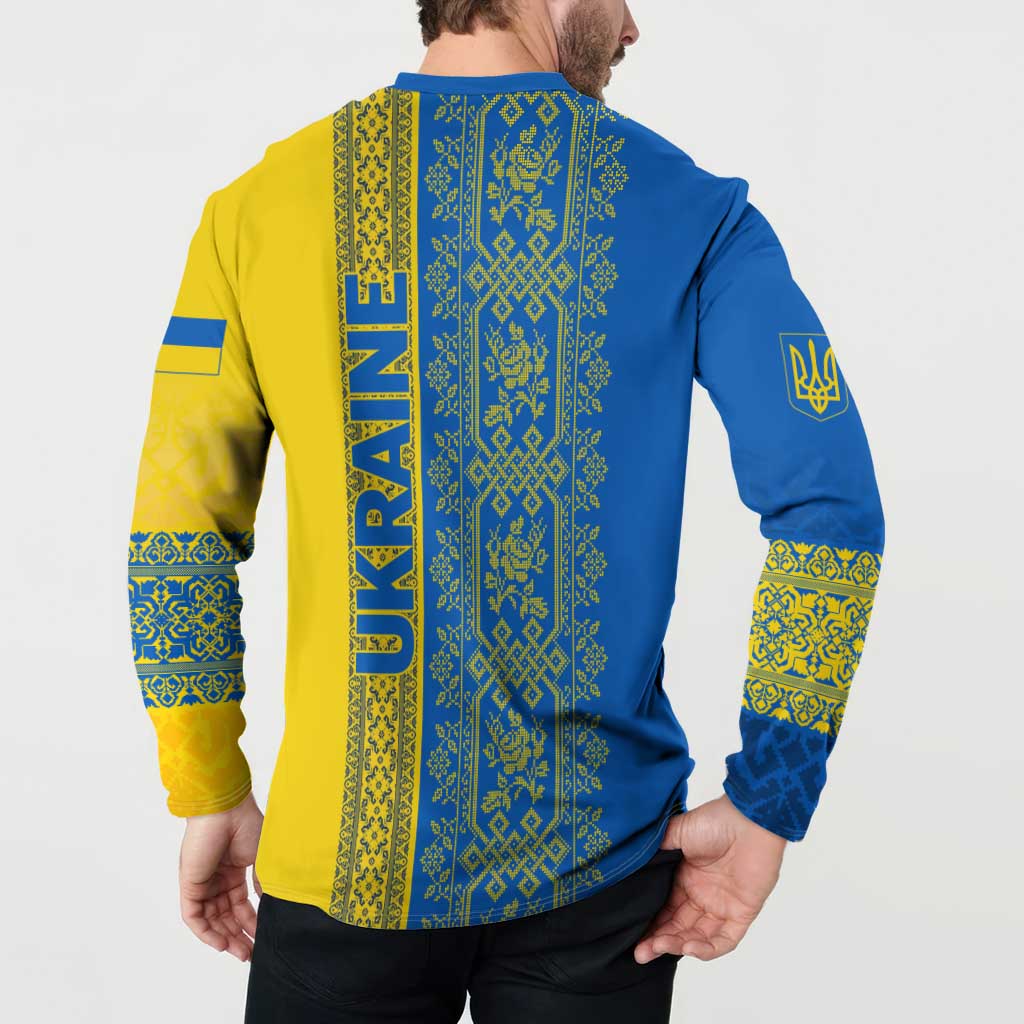 Ukrainian Flag Colors Button Sweatshirt with Trident Crest and Traditional Folk Pattern