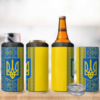 Ukrainian Flag Colors 4 in 1 Can Cooler Tumbler with Trident Crest and Traditional Folk Pattern