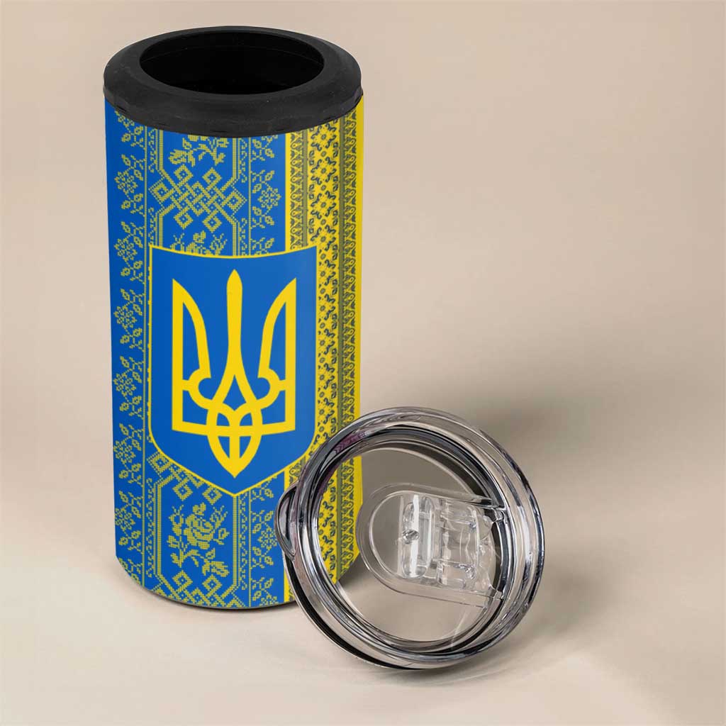 Ukrainian Flag Colors 4 in 1 Can Cooler Tumbler with Trident Crest and Traditional Folk Pattern