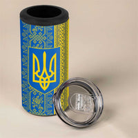 Ukrainian Flag Colors 4 in 1 Can Cooler Tumbler with Trident Crest and Traditional Folk Pattern