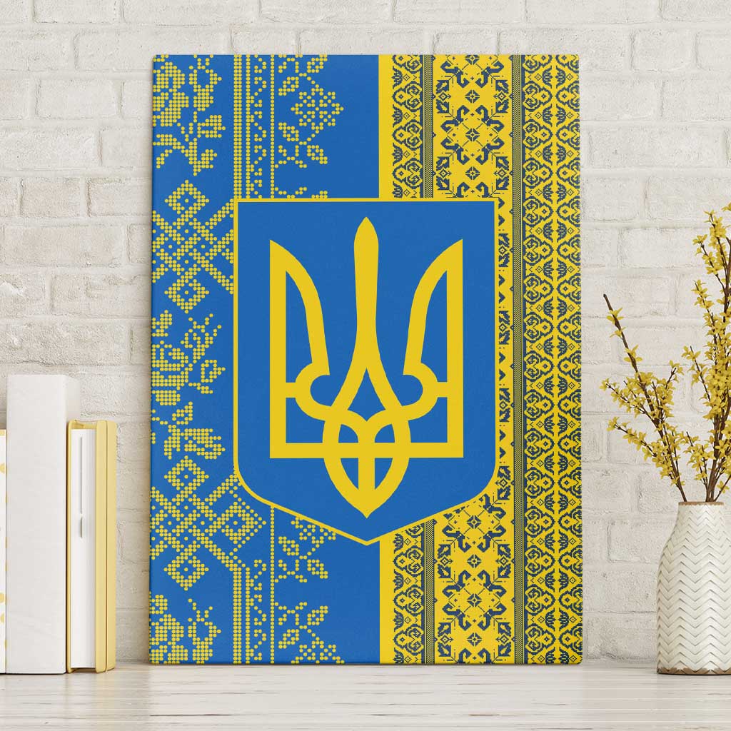 Ukrainian Flag Colors Canvas Wall Art with Trident Crest and Traditional Folk Pattern