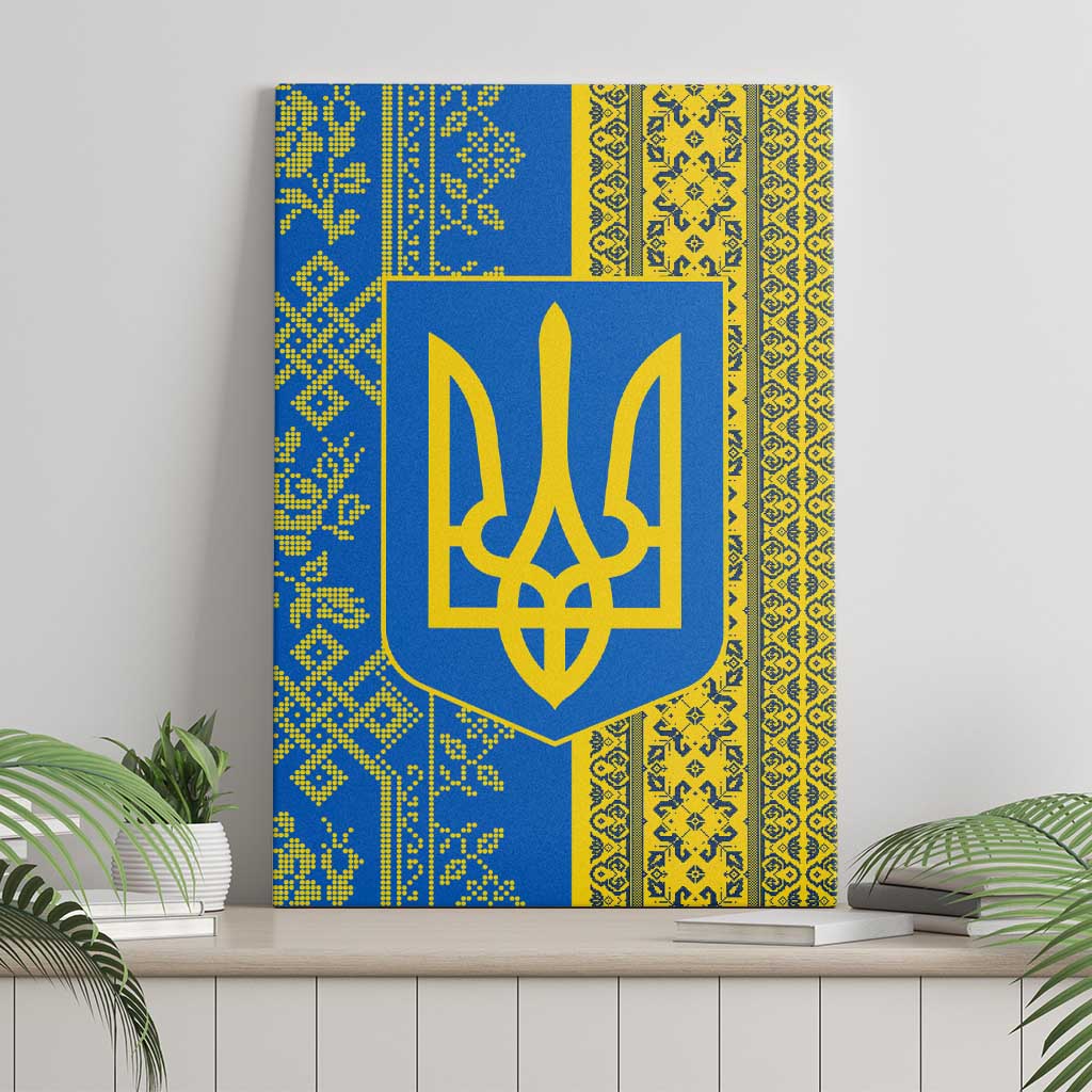 Ukrainian Flag Colors Canvas Wall Art with Trident Crest and Traditional Folk Pattern