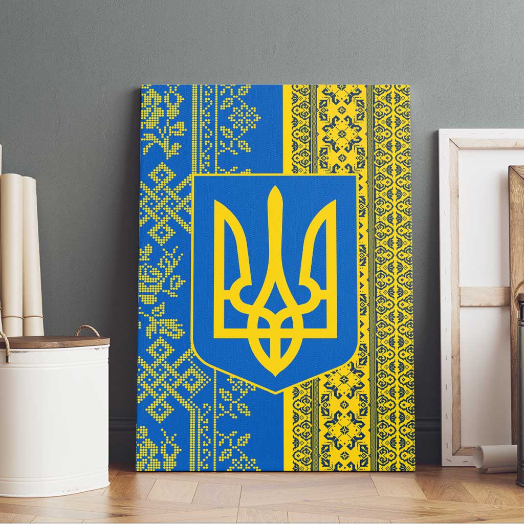 Ukrainian Flag Colors Canvas Wall Art with Trident Crest and Traditional Folk Pattern