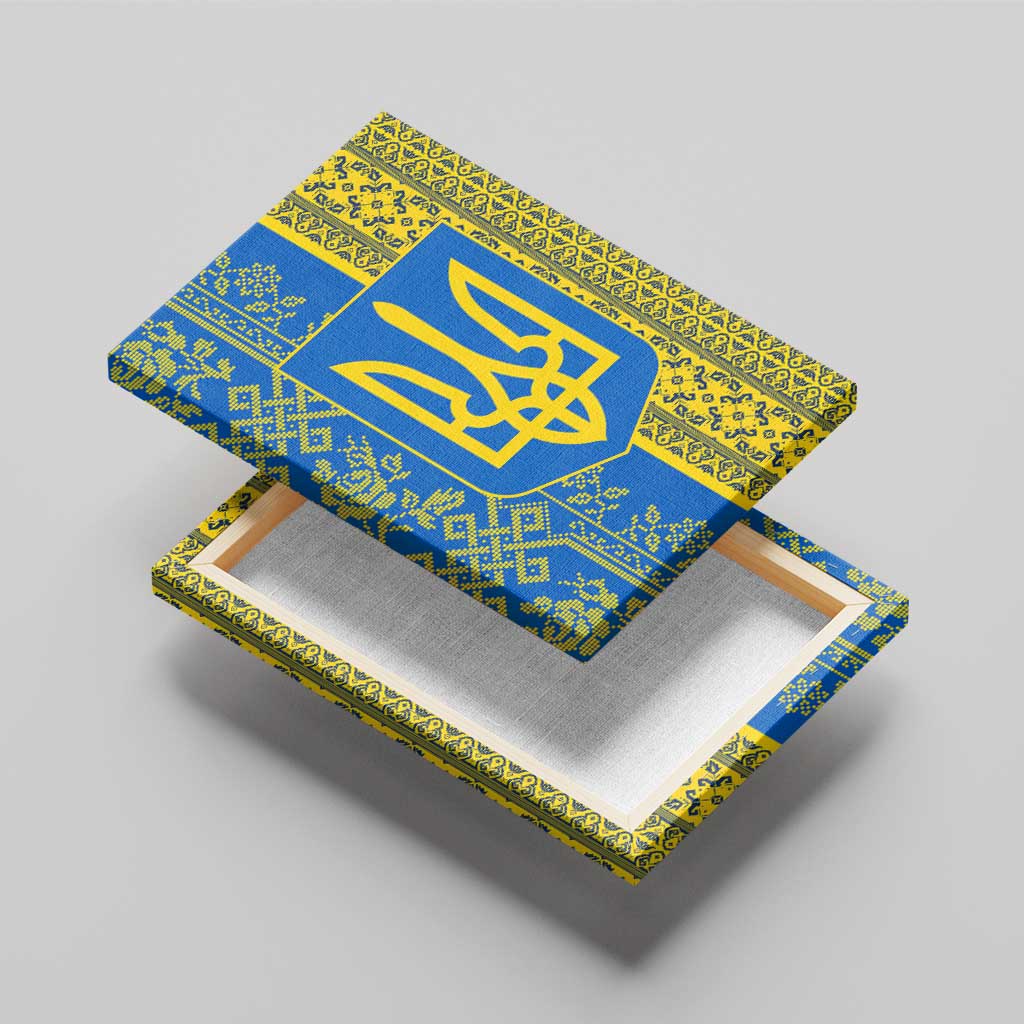 Ukrainian Flag Colors Canvas Wall Art with Trident Crest and Traditional Folk Pattern