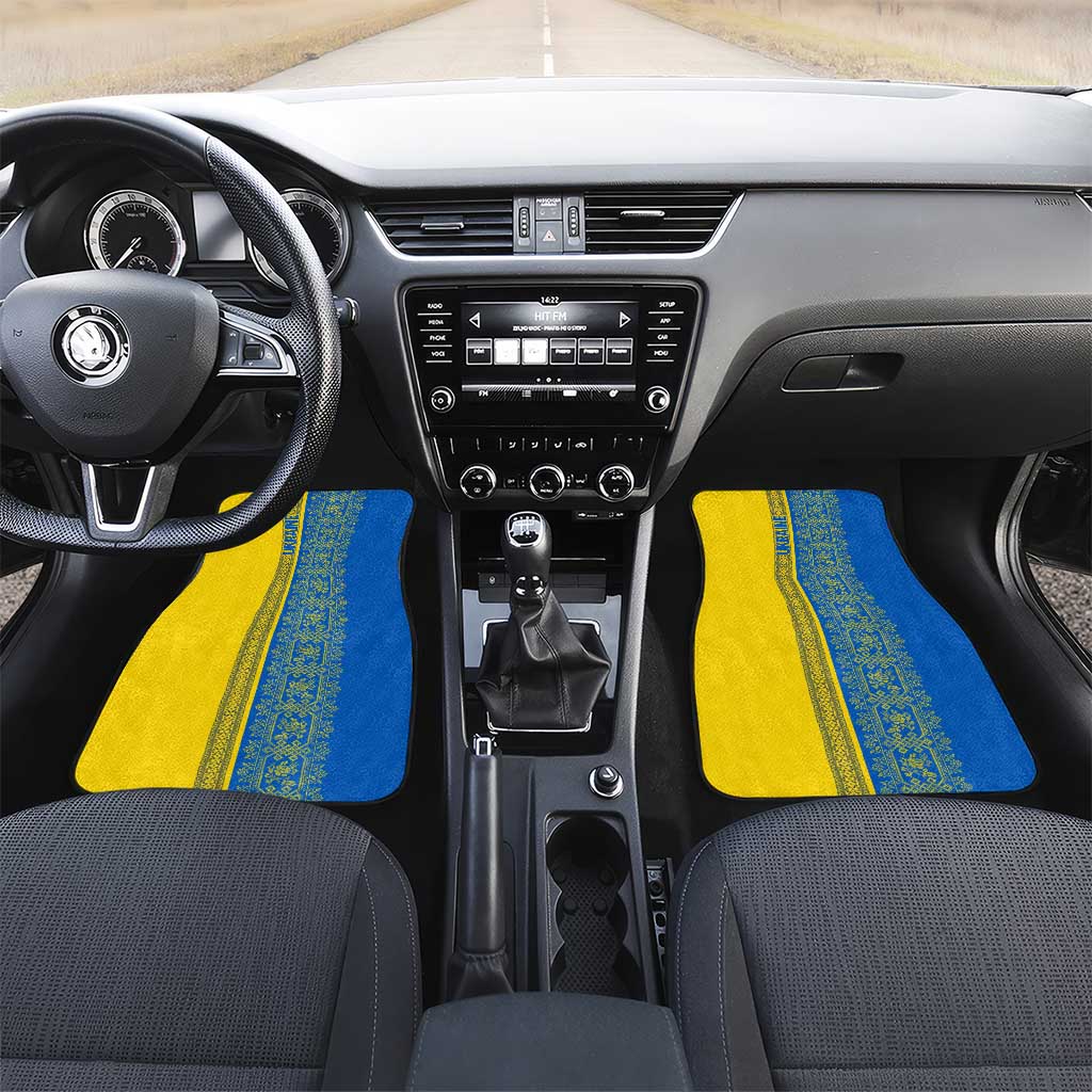 Ukrainian Flag Colors Car Mats with Trident Crest and Traditional Folk Pattern