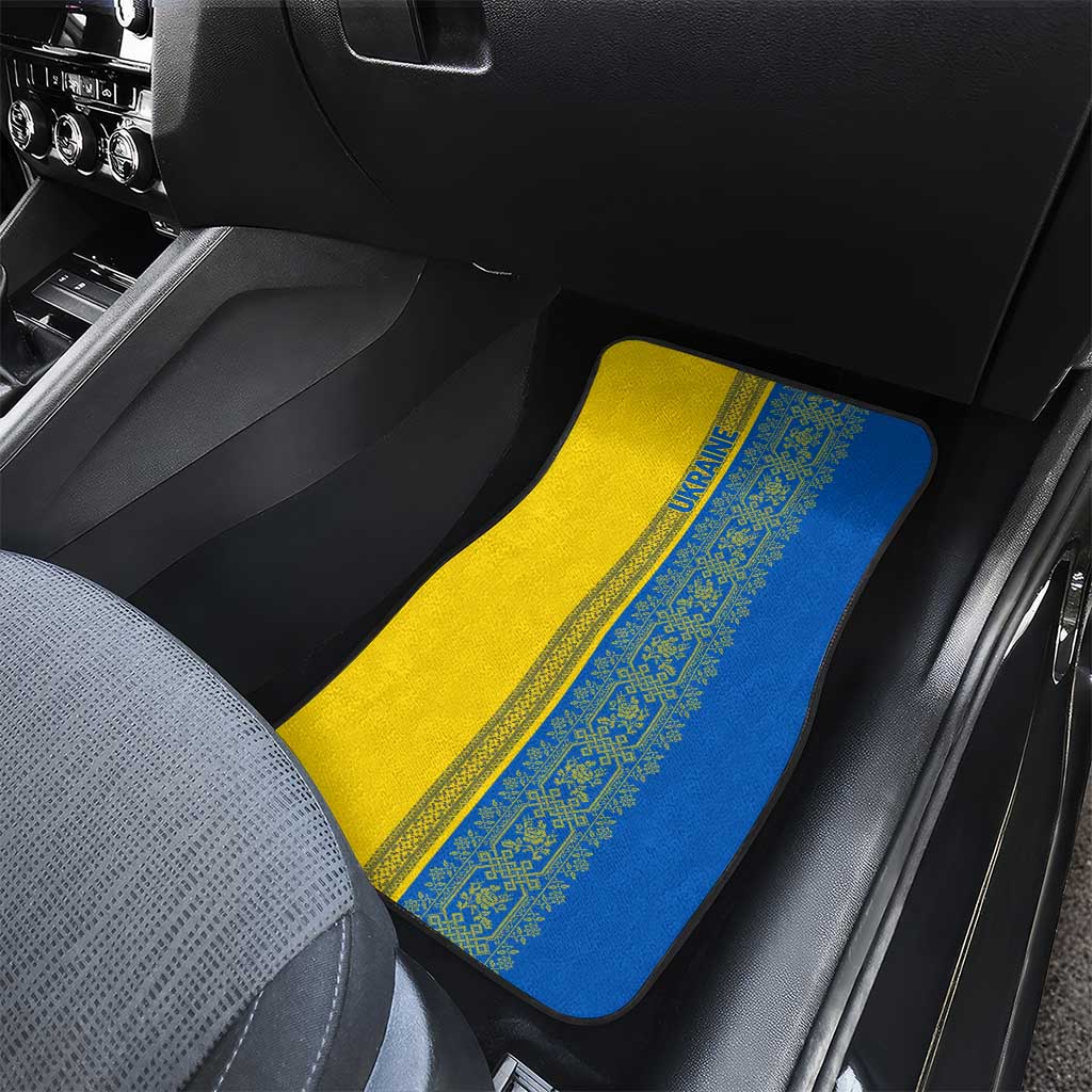 Ukrainian Flag Colors Car Mats with Trident Crest and Traditional Folk Pattern
