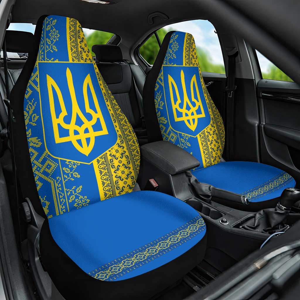 Ukrainian Flag Colors Car Seat Cover with Trident Crest and Traditional Folk Pattern