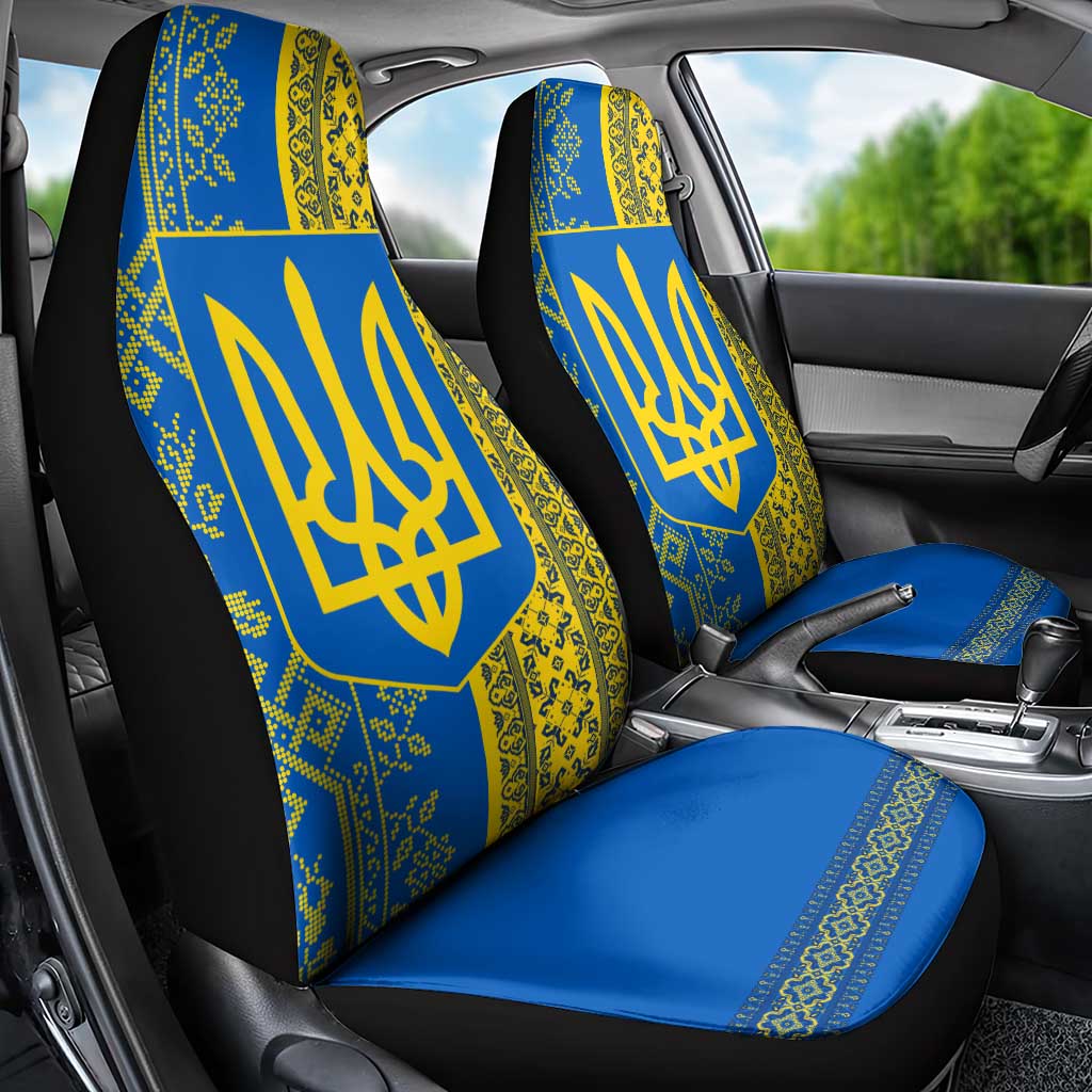 Ukrainian Flag Colors Car Seat Cover with Trident Crest and Traditional Folk Pattern