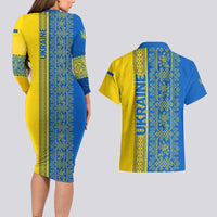 Ukrainian Flag Colors Couples Matching Long Sleeve Bodycon Dress and Hawaiian Shirt with Trident Crest and Traditional Folk Pattern