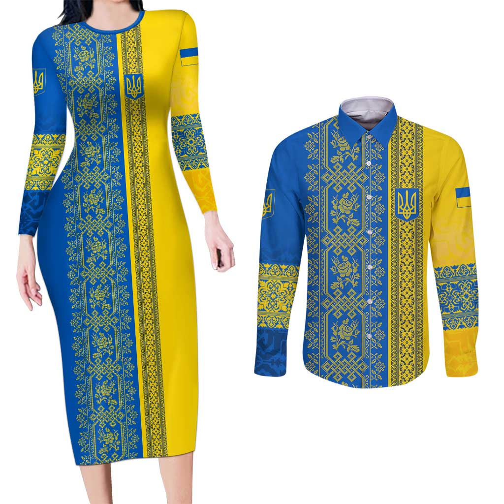Ukrainian Flag Colors Couples Matching Long Sleeve Bodycon Dress and Long Sleeve Button Shirt with Trident Crest and Traditional Folk Pattern