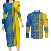 Ukrainian Flag Colors Couples Matching Long Sleeve Bodycon Dress and Long Sleeve Button Shirt with Trident Crest and Traditional Folk Pattern