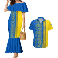 Ukrainian Flag Colors Couples Matching Mermaid Dress and Hawaiian Shirt with Trident Crest and Traditional Folk Pattern