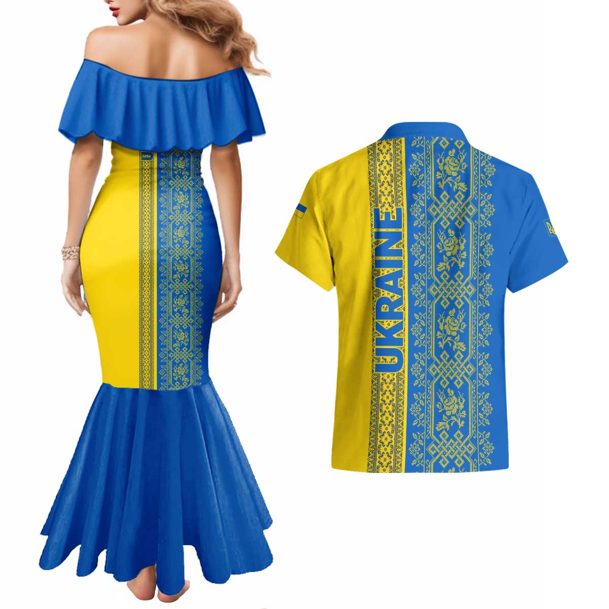 Ukrainian Flag Colors Couples Matching Mermaid Dress and Hawaiian Shirt with Trident Crest and Traditional Folk Pattern
