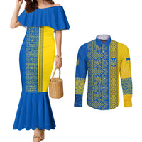 Ukrainian Flag Colors Couples Matching Mermaid Dress and Long Sleeve Button Shirt with Trident Crest and Traditional Folk Pattern