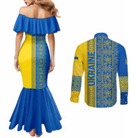 Ukrainian Flag Colors Couples Matching Mermaid Dress and Long Sleeve Button Shirt with Trident Crest and Traditional Folk Pattern