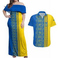 Ukrainian Flag Colors Couples Matching Off Shoulder Maxi Dress and Hawaiian Shirt with Trident Crest and Traditional Folk Pattern