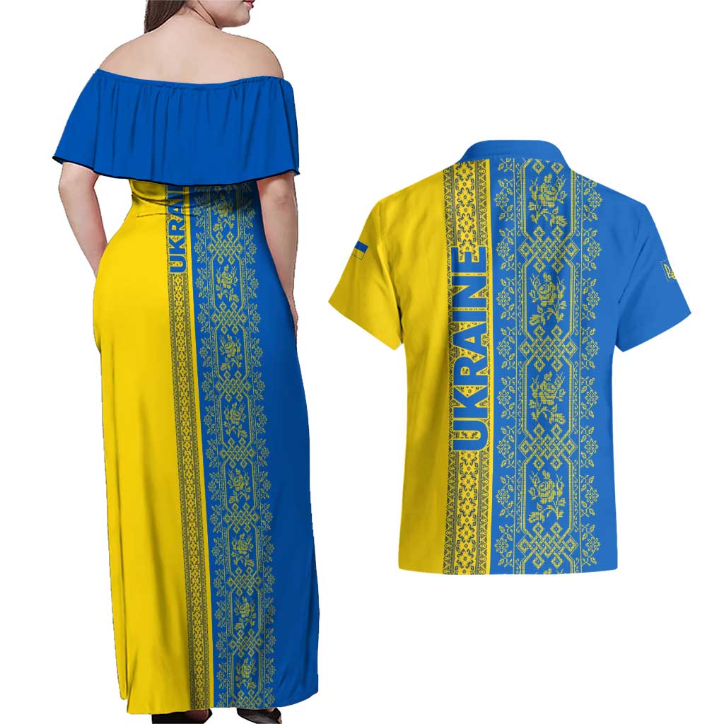 Ukrainian Flag Colors Couples Matching Off Shoulder Maxi Dress and Hawaiian Shirt with Trident Crest and Traditional Folk Pattern