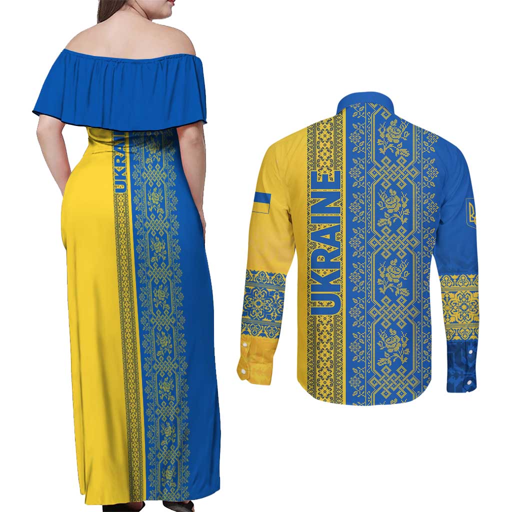 Ukrainian Flag Colors Couples Matching Off Shoulder Maxi Dress and Long Sleeve Button Shirt with Trident Crest and Traditional Folk Pattern