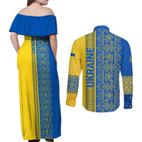 Ukrainian Flag Colors Couples Matching Off Shoulder Maxi Dress and Long Sleeve Button Shirt with Trident Crest and Traditional Folk Pattern