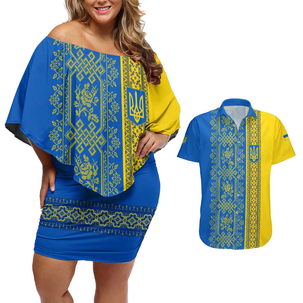 Ukrainian Flag Colors Couples Matching Off Shoulder Short Dress and Hawaiian Shirt with Trident Crest and Traditional Folk Pattern
