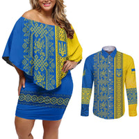 Ukrainian Flag Colors Couples Matching Off Shoulder Short Dress and Long Sleeve Button Shirt with Trident Crest and Traditional Folk Pattern