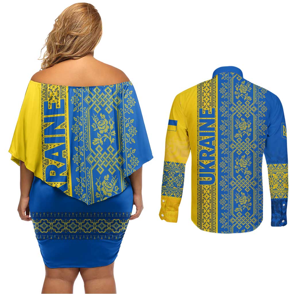Ukrainian Flag Colors Couples Matching Off Shoulder Short Dress and Long Sleeve Button Shirt with Trident Crest and Traditional Folk Pattern