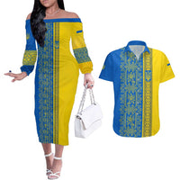 Ukrainian Flag Colors Couples Matching Off The Shoulder Long Sleeve Dress and Hawaiian Shirt with Trident Crest and Traditional Folk Pattern