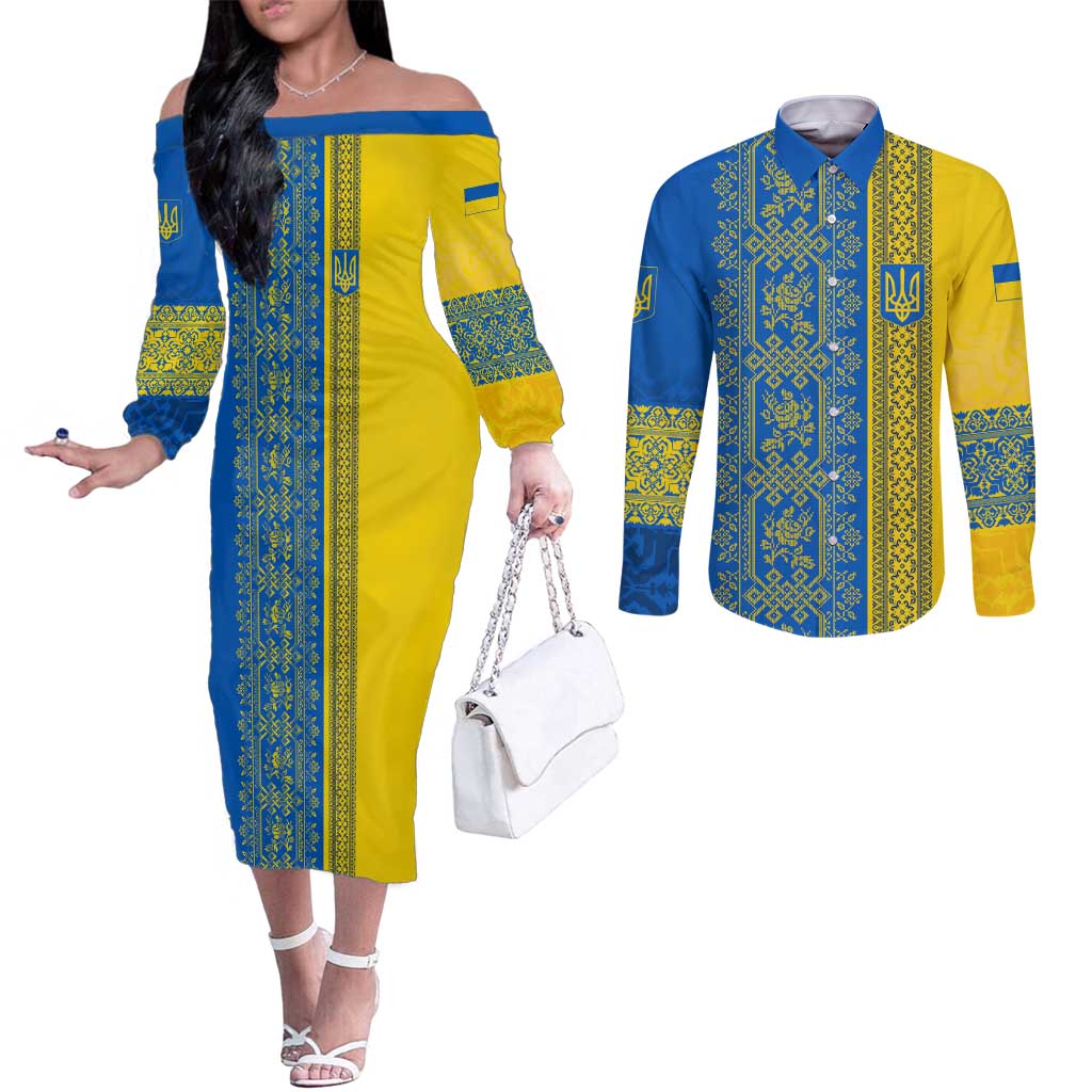 Ukrainian Flag Colors Couples Matching Off The Shoulder Long Sleeve Dress and Long Sleeve Button Shirt with Trident Crest and Traditional Folk Pattern